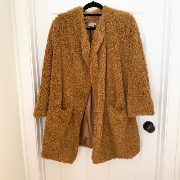 Women Democracy Long Sleeves Drape Collar Faux Fur Open Front Jacket Tan Large - Picture 1 of 6